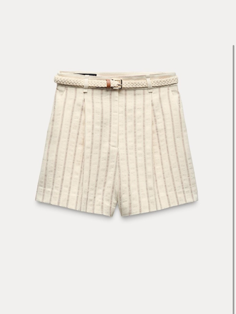 Zara Cream Pinstripe High-Waist Shorts with Braided Belt Accent